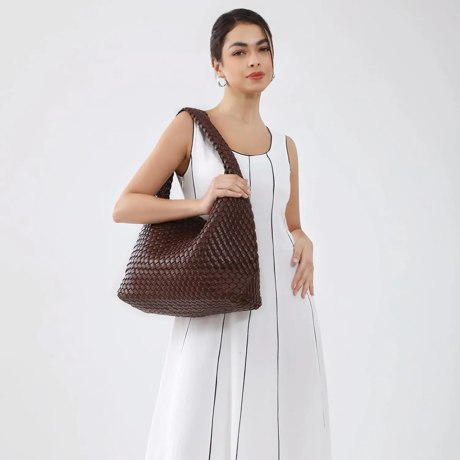 Women Vegan Leather Hand-Woven Tote Handbag Fashion All-Match Underarm Bag with Purse Soft Summer Hobo Tote Bag