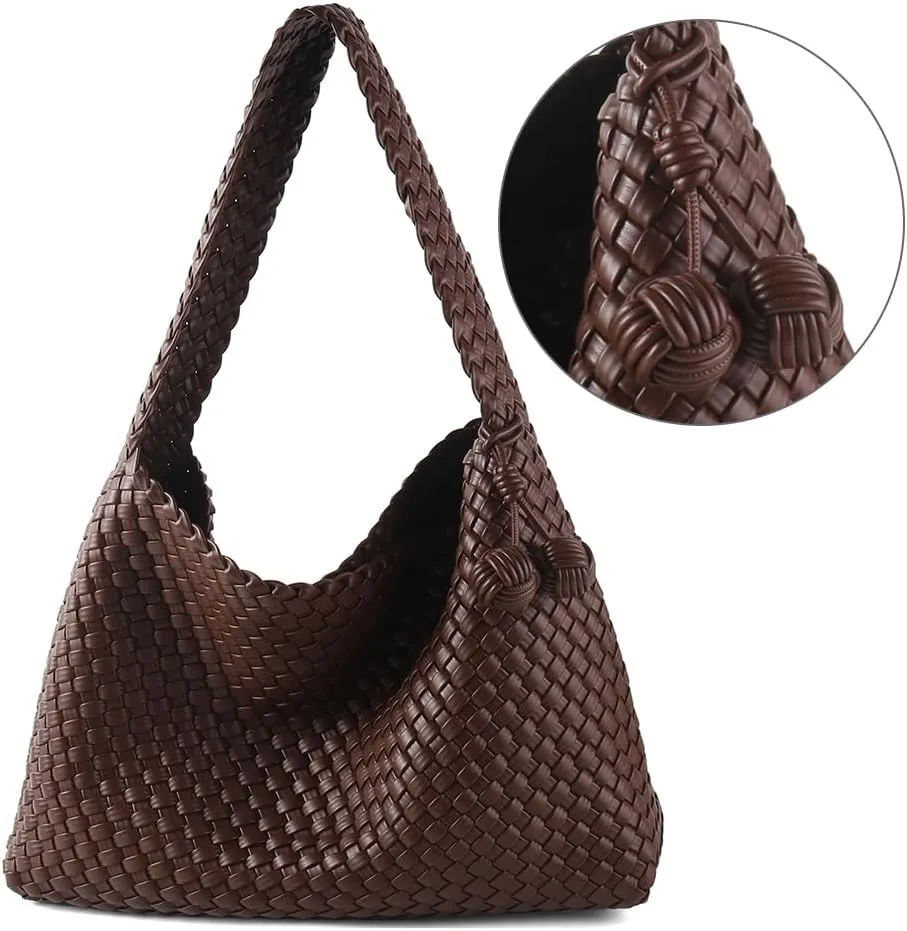 Women Vegan Leather Hand-Woven Tote Handbag Fashion All-Match Underarm Bag with Purse Soft Summer Hobo Tote Bag