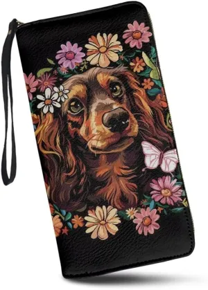 Women Wallets Funny Dachshund Floral Print Leather Long Purse Zip Around Card Holder Clutch Organizer