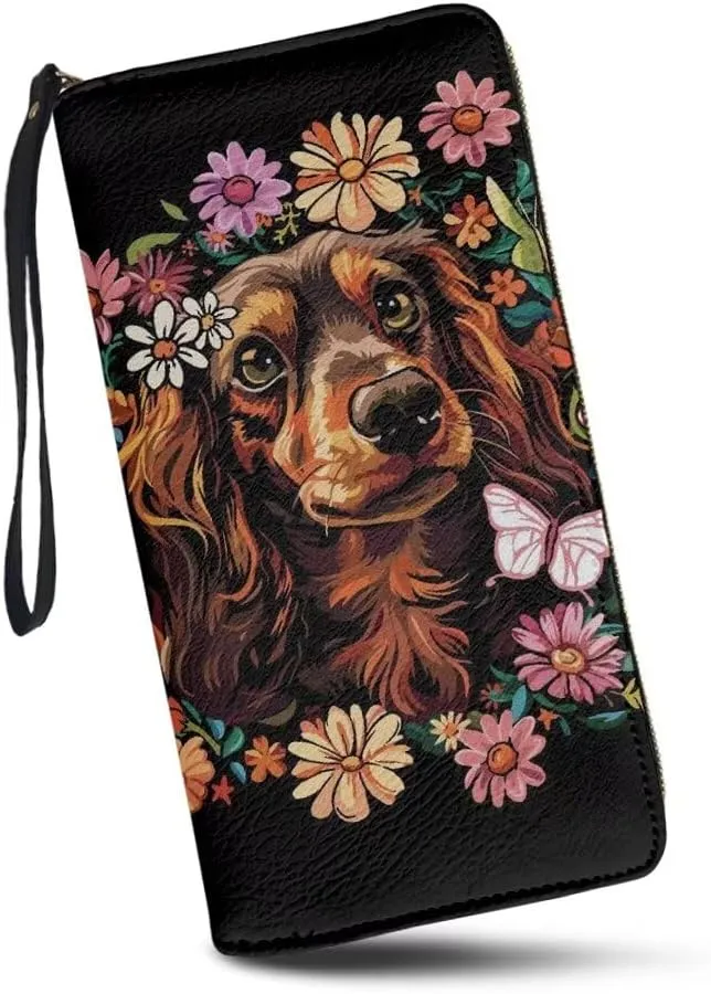 Women Wallets Funny Dachshund Floral Print Leather Long Purse Zip Around Card Holder Clutch Organizer