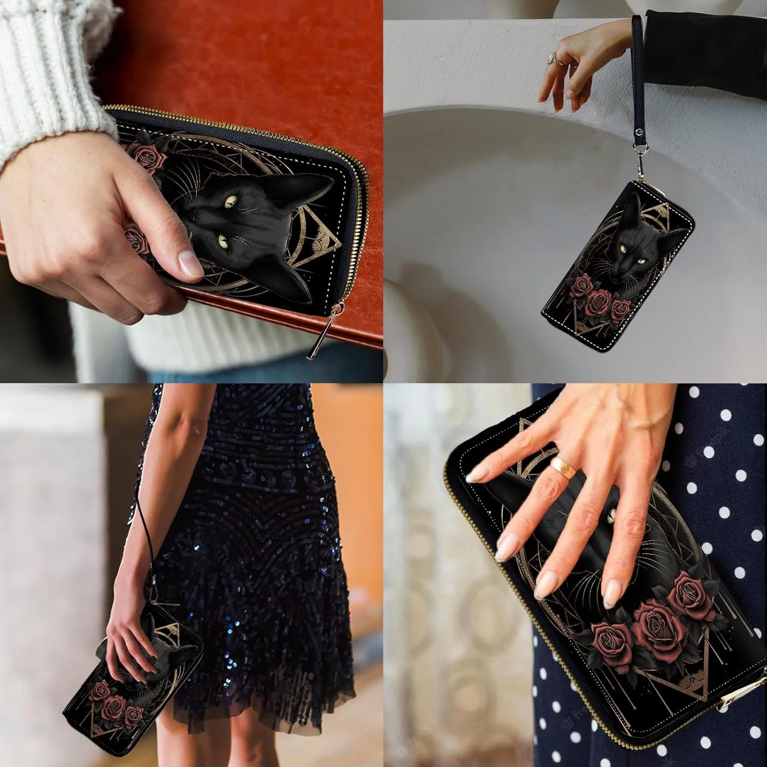 Women Wallets,Large Capacity Clutch Purse for Women Ladie Men Wallet Clearance Credit Card Holder PU Leather Handbag Clutch Purse-Black Cat And Roses