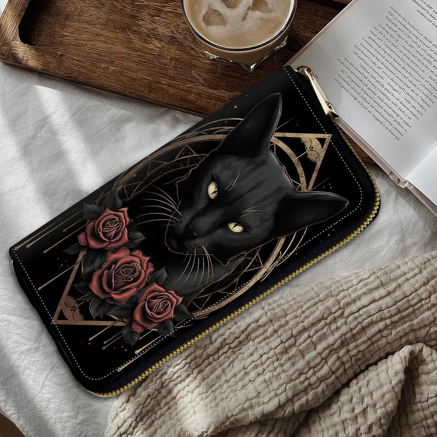 Women Wallets,Large Capacity Clutch Purse for Women Ladie Men Wallet Clearance Credit Card Holder PU Leather Handbag Clutch Purse-Black Cat And Roses