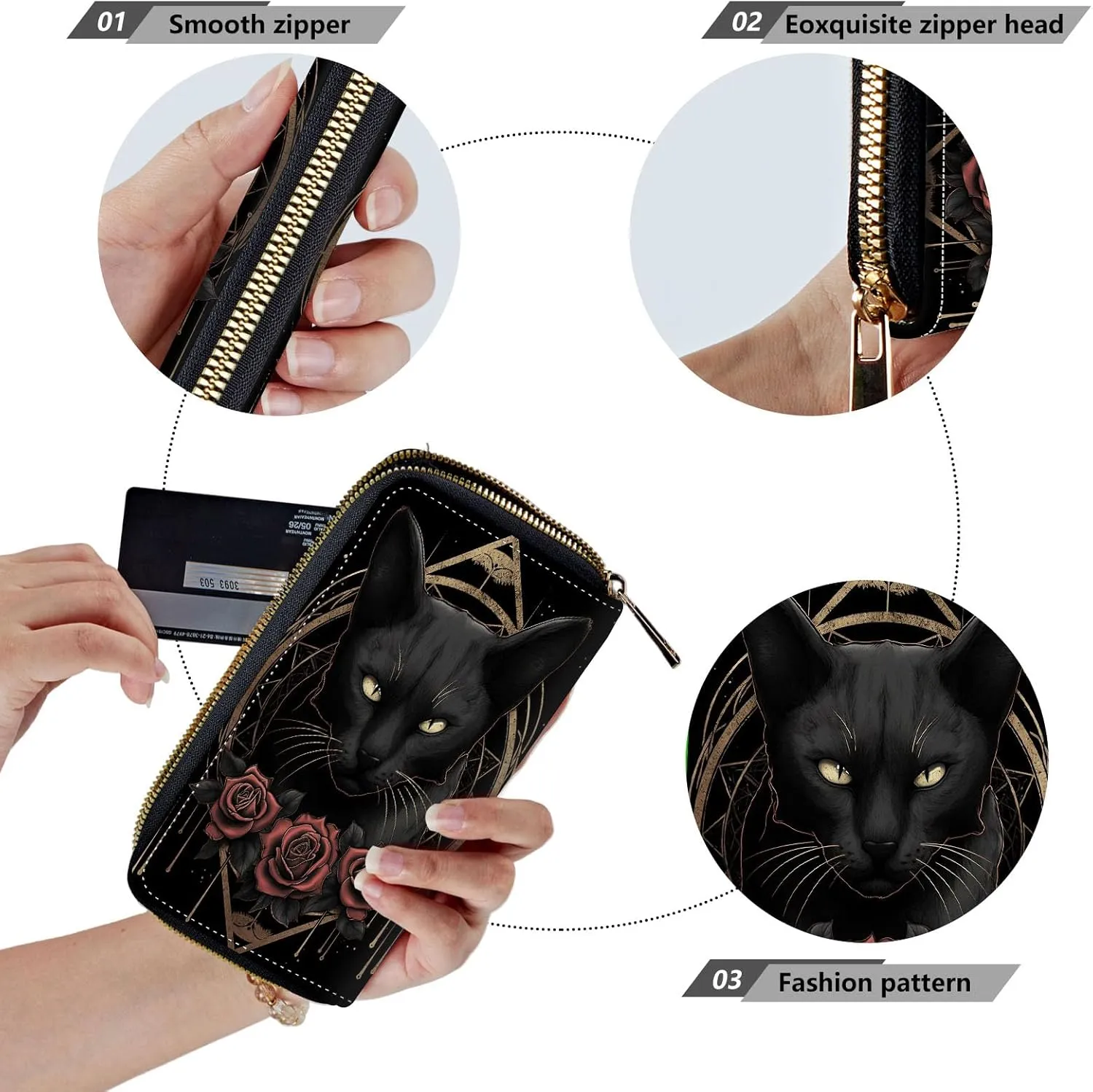 Women Wallets,Large Capacity Clutch Purse for Women Ladie Men Wallet Clearance Credit Card Holder PU Leather Handbag Clutch Purse-Black Cat And Roses
