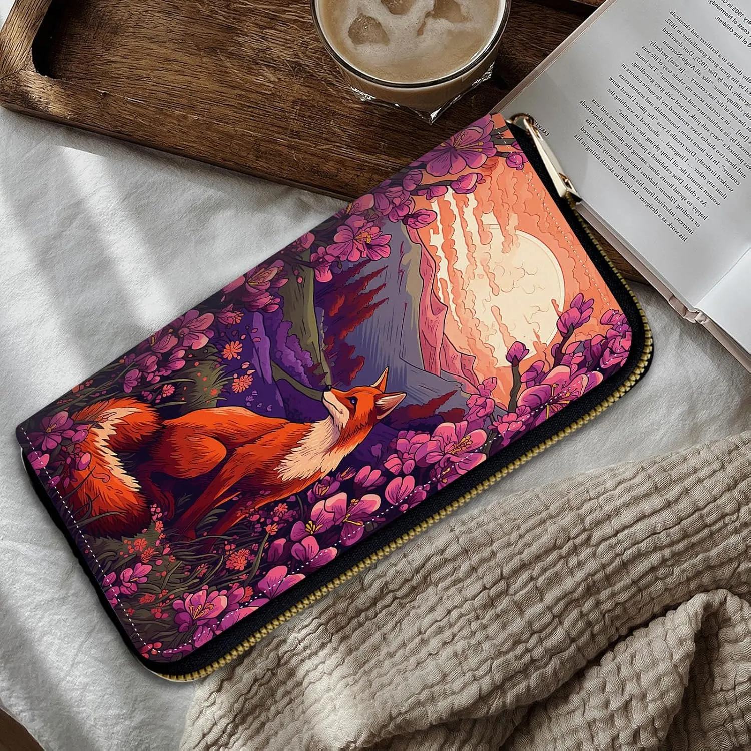Women Wallets,Large Capacity Clutch Purse for Women Ladie Men Wallet Clearance Credit Card Holder PU Leather Handbag Clutch Purse-Fox at Sunset
