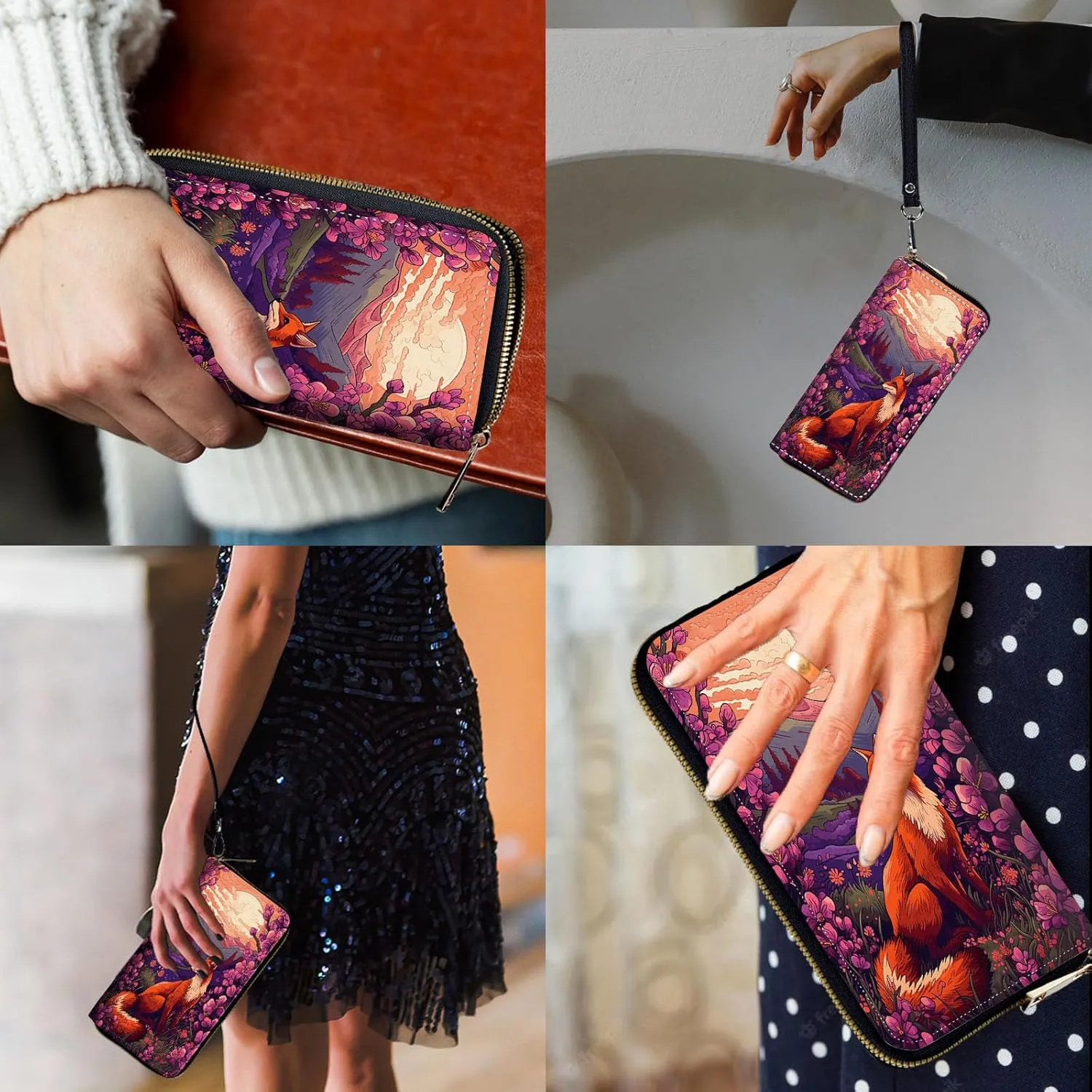 Women Wallets,Large Capacity Clutch Purse for Women Ladie Men Wallet Clearance Credit Card Holder PU Leather Handbag Clutch Purse-Fox at Sunset