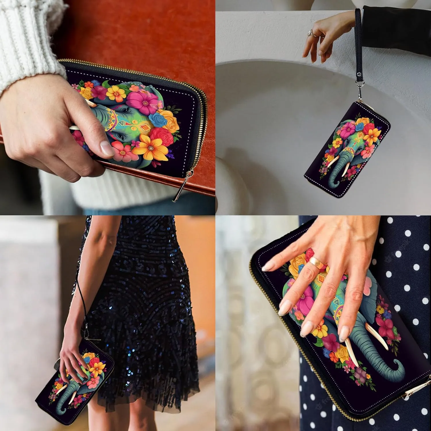 Women Wallets,Large Capacity Clutch Purse for Women Ladie Men Wallet Clearance Credit Card Holder PU Leather Handbag Clutch Purse,An Elephant Wearing Flowers