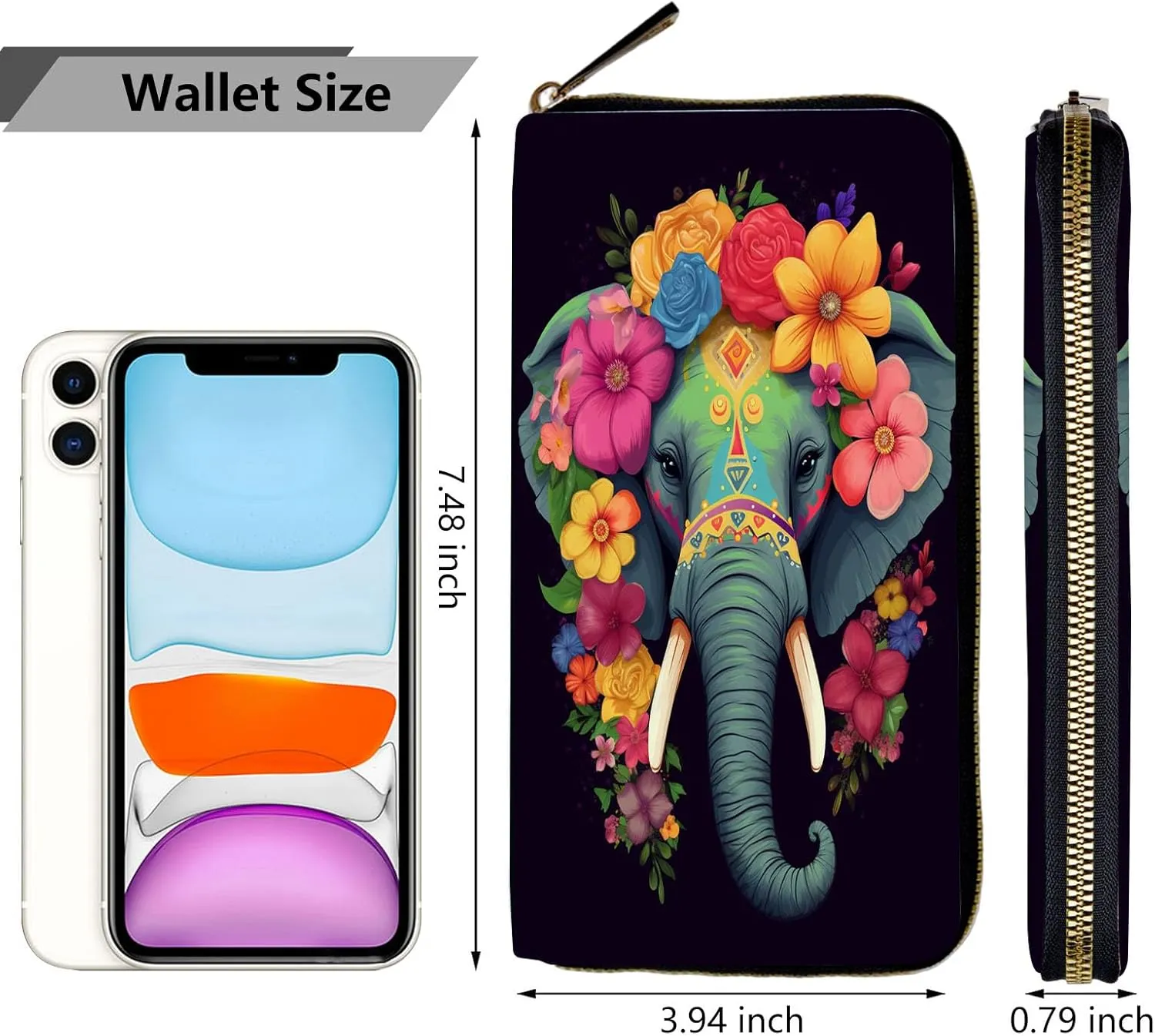 Women Wallets,Large Capacity Clutch Purse for Women Ladie Men Wallet Clearance Credit Card Holder PU Leather Handbag Clutch Purse,An Elephant Wearing Flowers