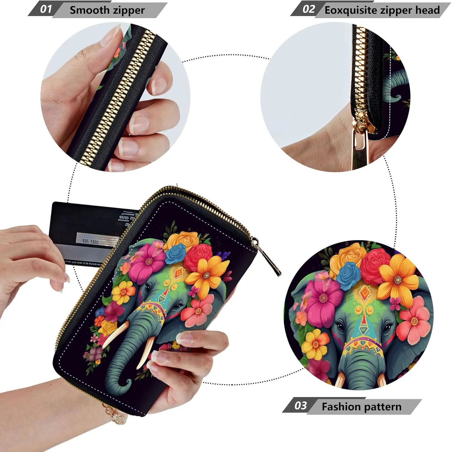 Women Wallets,Large Capacity Clutch Purse for Women Ladie Men Wallet Clearance Credit Card Holder PU Leather Handbag Clutch Purse,An Elephant Wearing Flowers