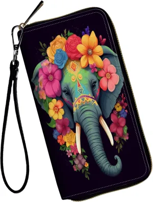 Women Wallets,Large Capacity Clutch Purse for Women Ladie Men Wallet Clearance Credit Card Holder PU Leather Handbag Clutch Purse,An Elephant Wearing Flowers