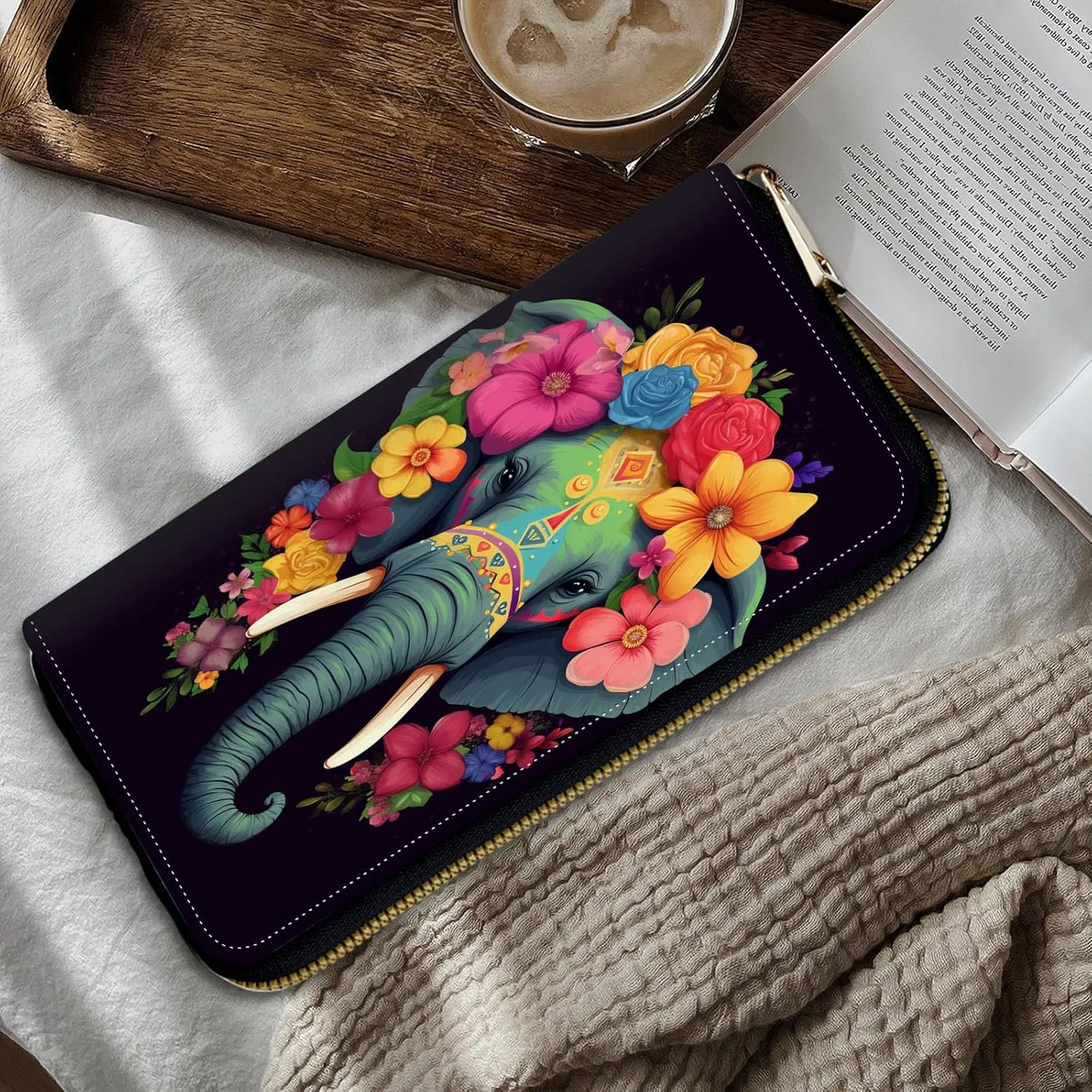 Women Wallets,Large Capacity Clutch Purse for Women Ladie Men Wallet Clearance Credit Card Holder PU Leather Handbag Clutch Purse,An Elephant Wearing Flowers