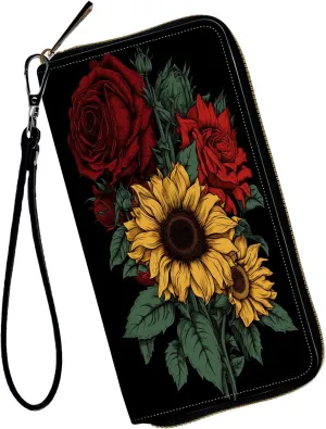 Women Wallets,Large Capacity Clutch Purse for Women Ladie Men Wallet Clearance Credit Card Holder PU Leather Handbag Clutch Purse,Roses and Sunflowers