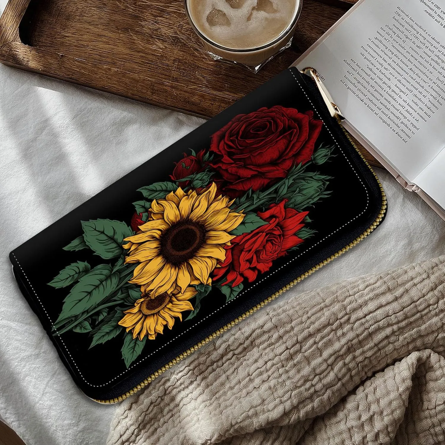 Women Wallets,Large Capacity Clutch Purse for Women Ladie Men Wallet Clearance Credit Card Holder PU Leather Handbag Clutch Purse,Roses and Sunflowers