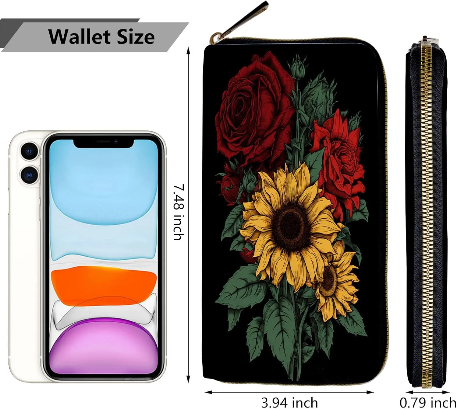 Women Wallets,Large Capacity Clutch Purse for Women Ladie Men Wallet Clearance Credit Card Holder PU Leather Handbag Clutch Purse,Roses and Sunflowers