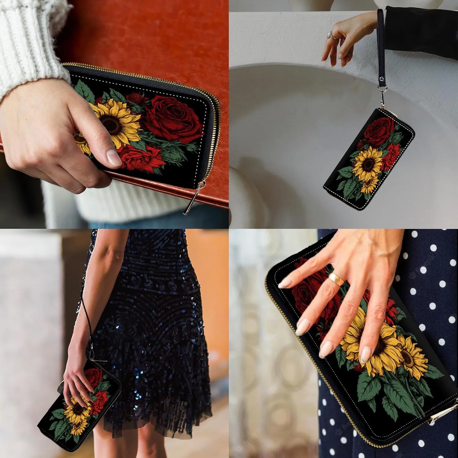 Women Wallets,Large Capacity Clutch Purse for Women Ladie Men Wallet Clearance Credit Card Holder PU Leather Handbag Clutch Purse,Roses and Sunflowers