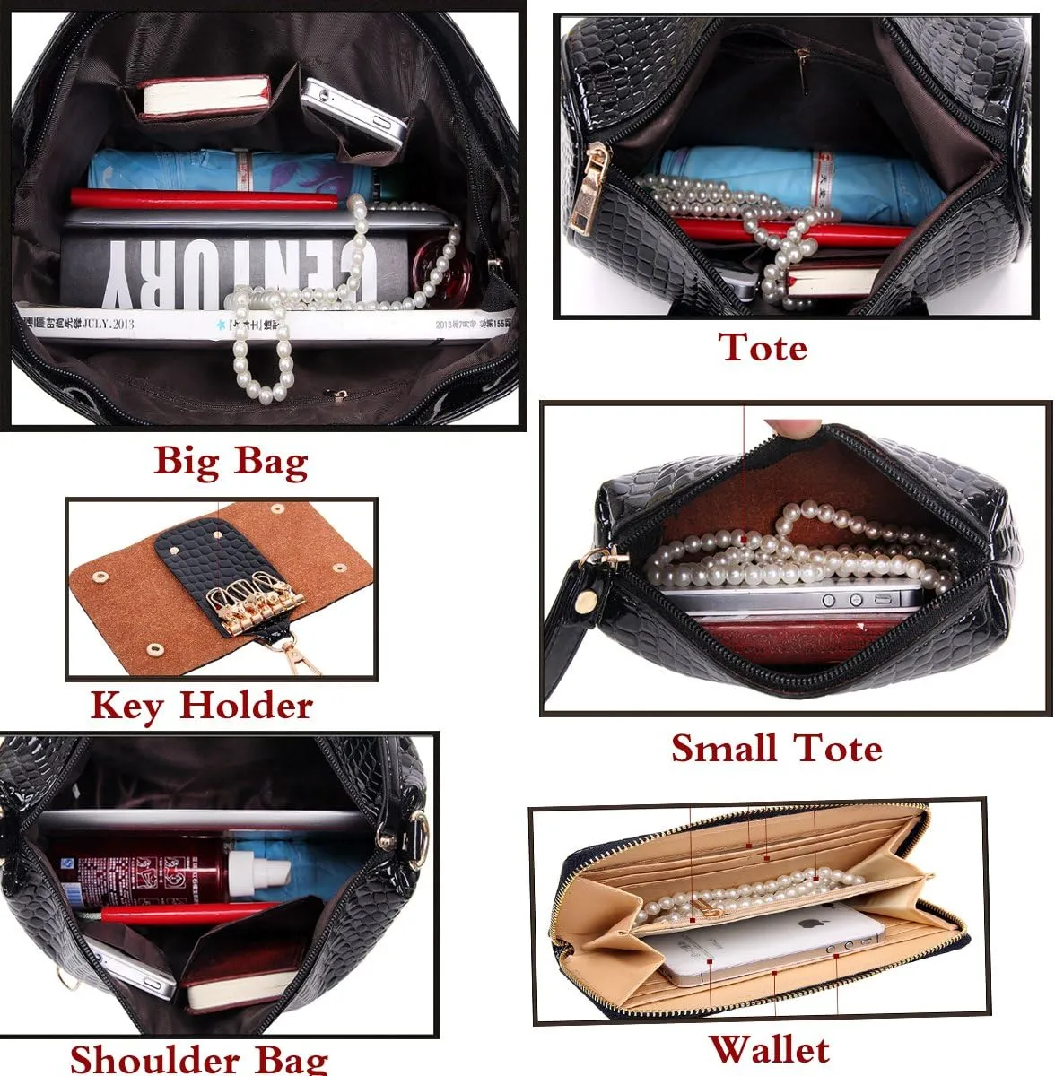Womens 6 Pcs Handbag Set Clutch Top Handle Totes Satchels Crossbody Bag Wallet