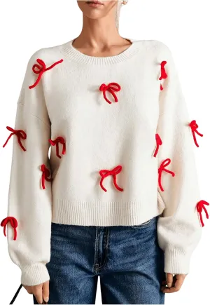 Women's Bow Decor Drop Shoulder Crop Sweaters Long Sleeve Crew Neck Sweater Pullover