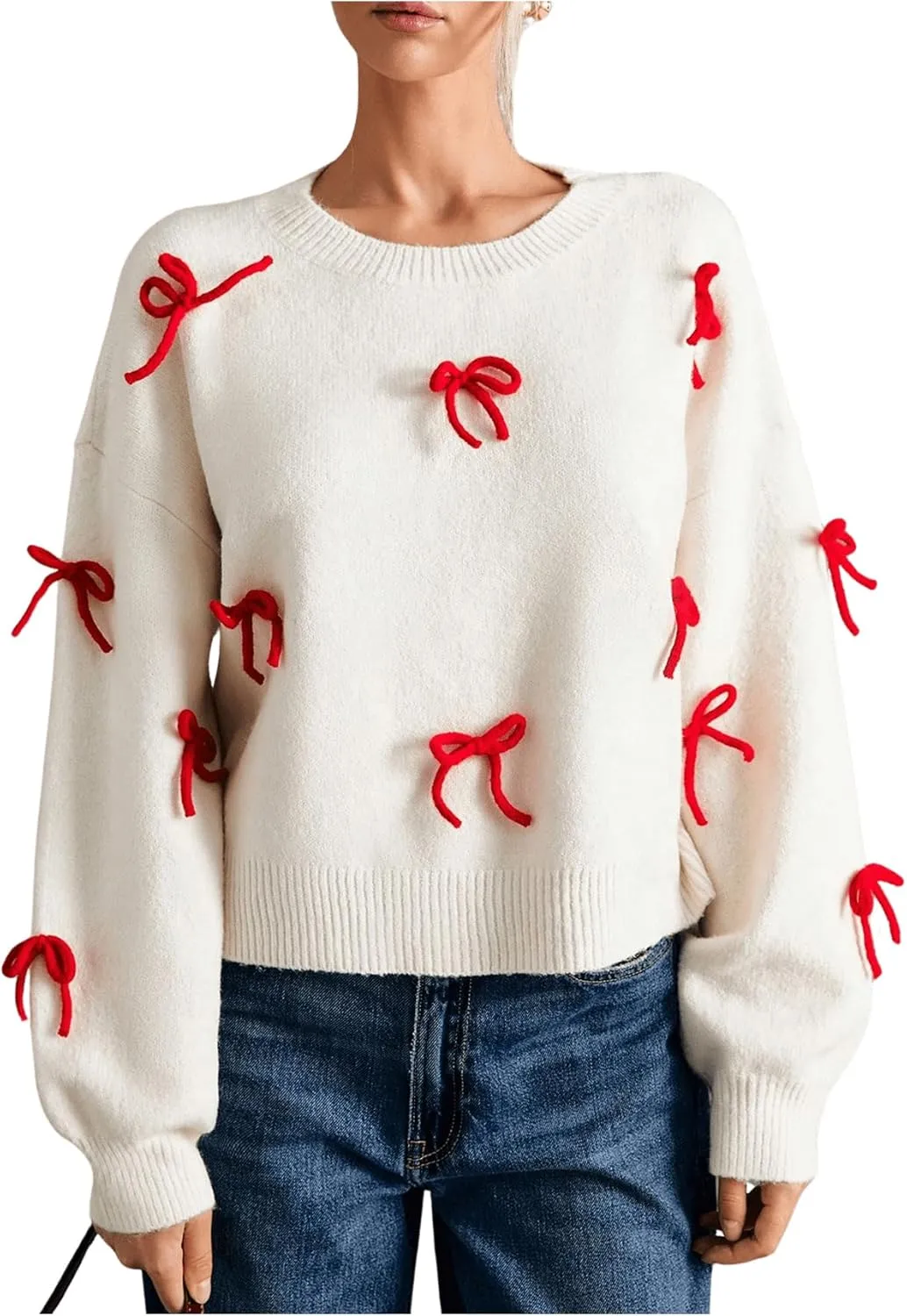 Women's Bow Decor Drop Shoulder Crop Sweaters Long Sleeve Crew Neck Sweater Pullover