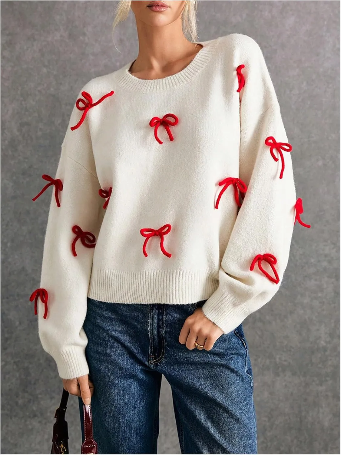 Women's Bow Decor Drop Shoulder Crop Sweaters Long Sleeve Crew Neck Sweater Pullover