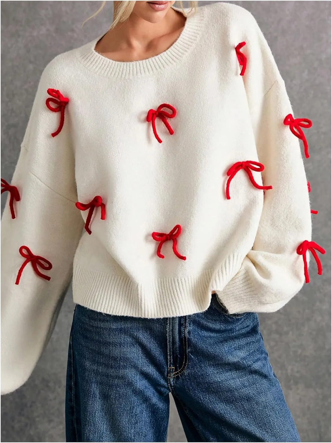 Women's Bow Decor Drop Shoulder Crop Sweaters Long Sleeve Crew Neck Sweater Pullover