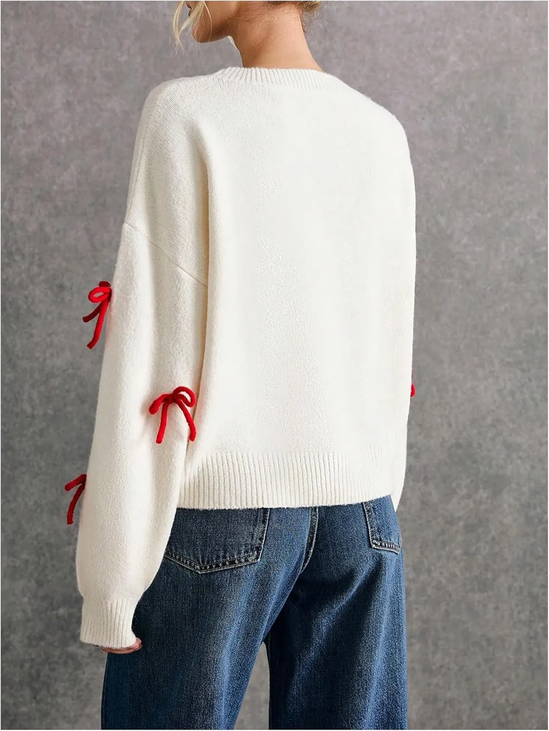 Women's Bow Decor Drop Shoulder Crop Sweaters Long Sleeve Crew Neck Sweater Pullover