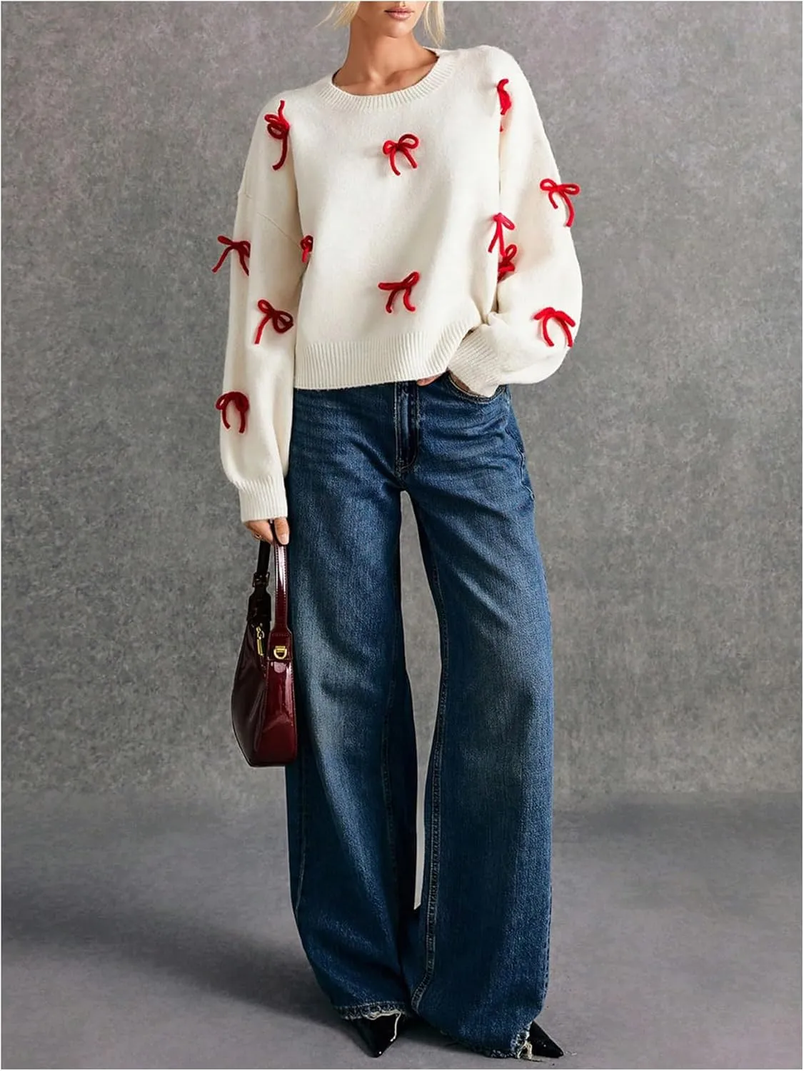 Women's Bow Decor Drop Shoulder Crop Sweaters Long Sleeve Crew Neck Sweater Pullover