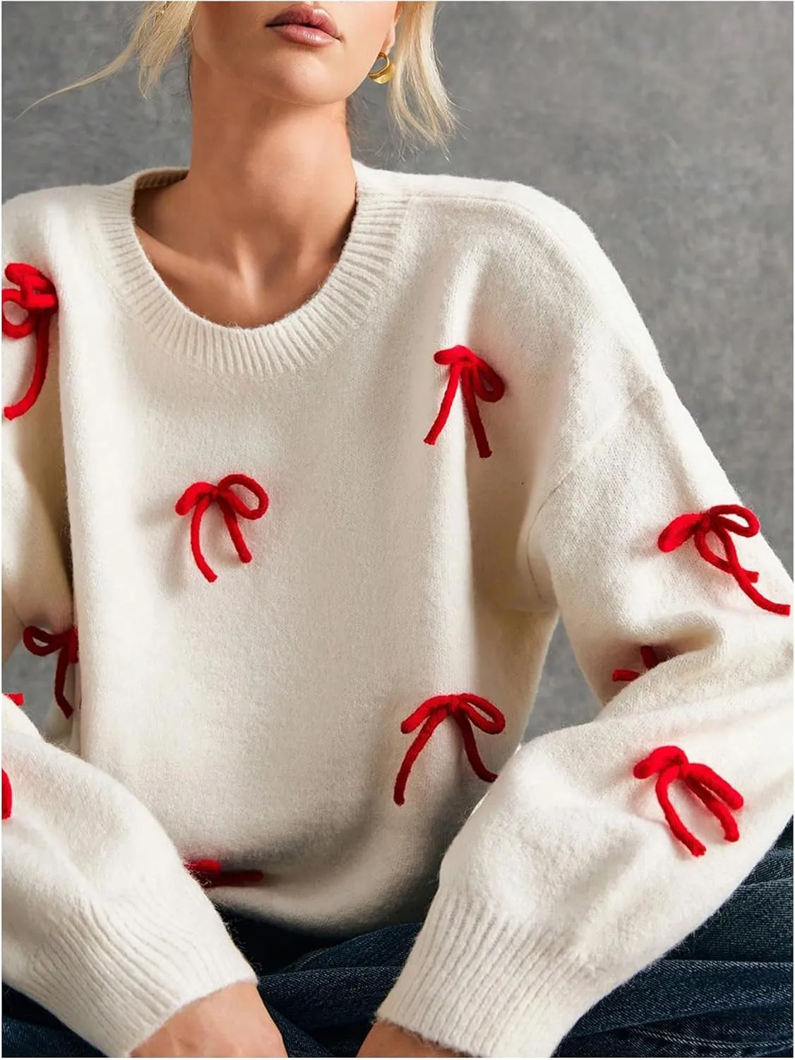 Women's Bow Decor Drop Shoulder Crop Sweaters Long Sleeve Crew Neck Sweater Pullover