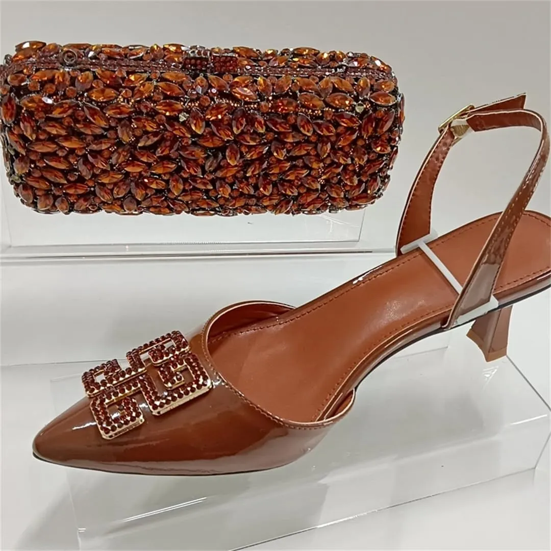 Women’S Brown Crystals High-Heeled Sandals And Clutch Bag Set Ankle Strap T-Tied Design For Party