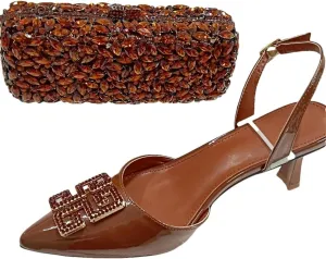 Women’S Brown Crystals High-Heeled Sandals And Clutch Bag Set Ankle Strap T-Tied Design For Party
