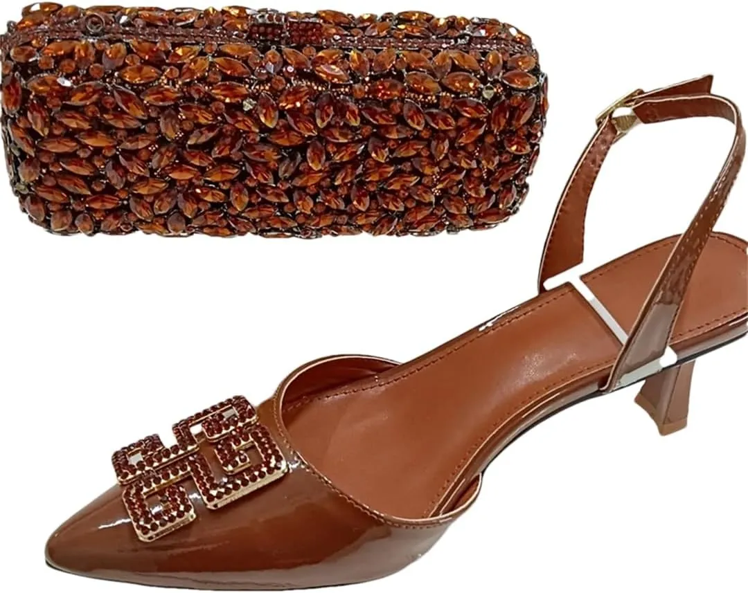 Women’S Brown Crystals High-Heeled Sandals And Clutch Bag Set Ankle Strap T-Tied Design For Party