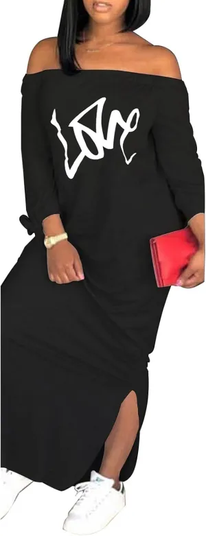 Women's Casual Off Shoulder Maxi Dress - African Print Summer Loose Long Sleeve Tunic T Shirt Dresses with Pockets