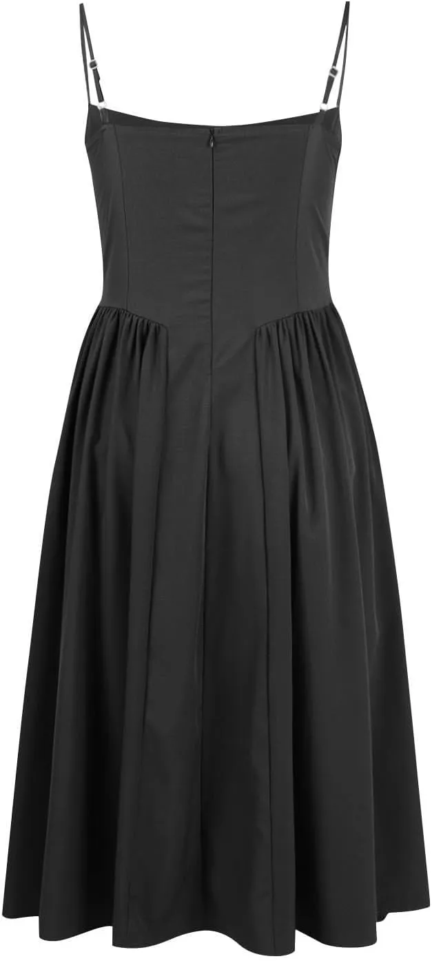 Womens Corset Dress Elegant Spaghetti Strap Bustier Midi Dress Flowy Pleated Hem Low Cut Prom Dresses with Pockets
