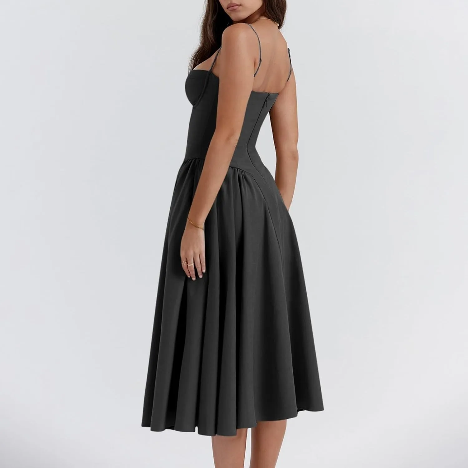 Womens Corset Dress Elegant Spaghetti Strap Bustier Midi Dress Flowy Pleated Hem Low Cut Prom Dresses with Pockets