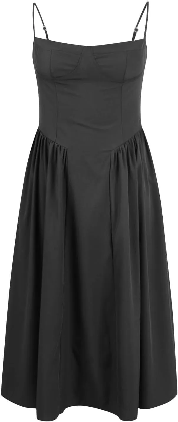 Womens Corset Dress Elegant Spaghetti Strap Bustier Midi Dress Flowy Pleated Hem Low Cut Prom Dresses with Pockets