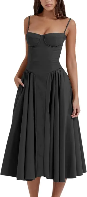 Womens Corset Dress Elegant Spaghetti Strap Bustier Midi Dress Flowy Pleated Hem Low Cut Prom Dresses with Pockets