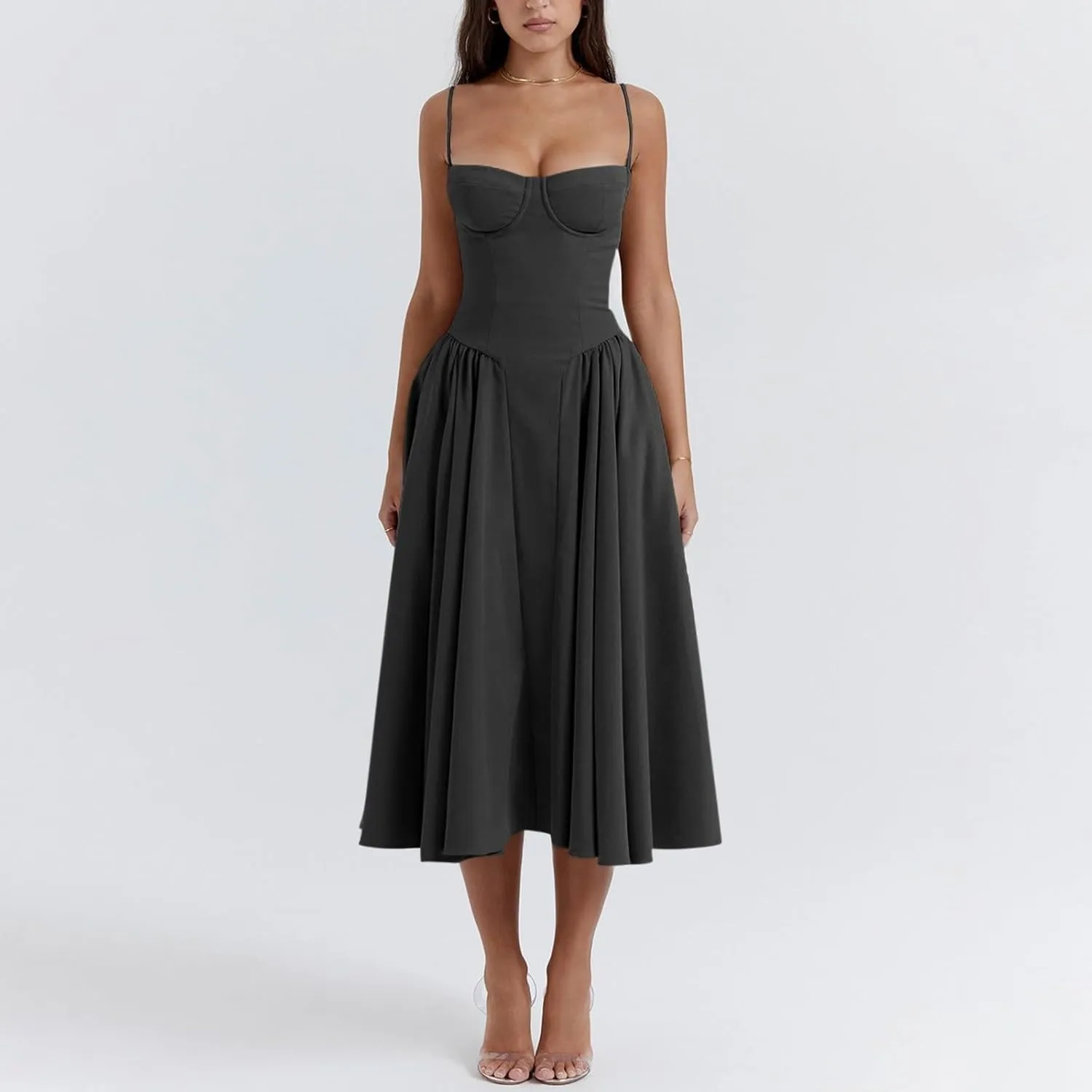 Womens Corset Dress Elegant Spaghetti Strap Bustier Midi Dress Flowy Pleated Hem Low Cut Prom Dresses with Pockets