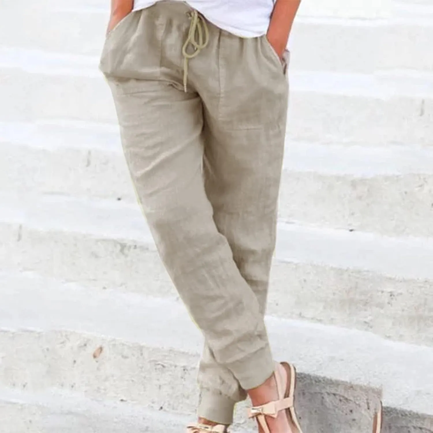 Women's Cotton Linen Summer Cropped Palazzo Pants High Waist Ankle Length Loose Fit Trousers Business Work