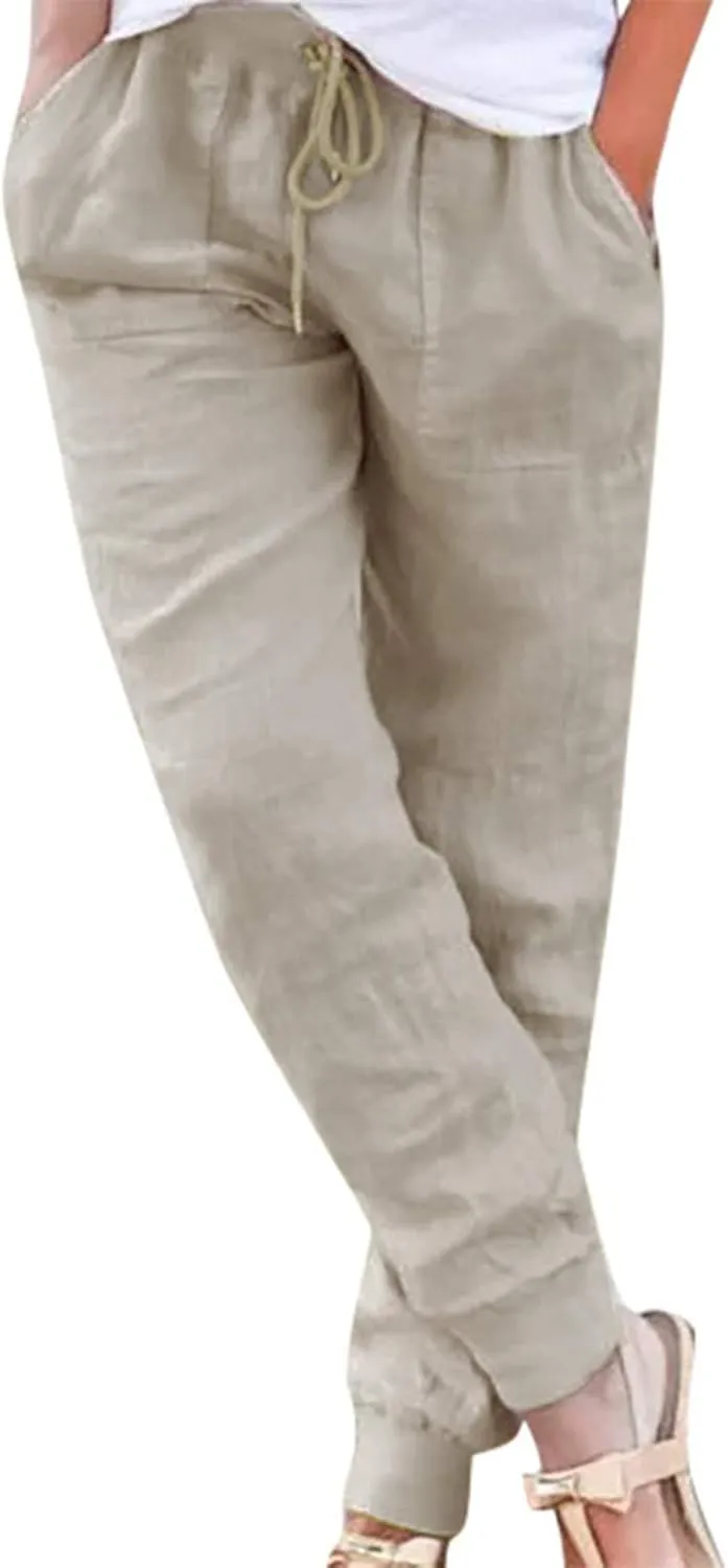 Women's Cotton Linen Summer Cropped Palazzo Pants High Waist Ankle Length Loose Fit Trousers Business Work