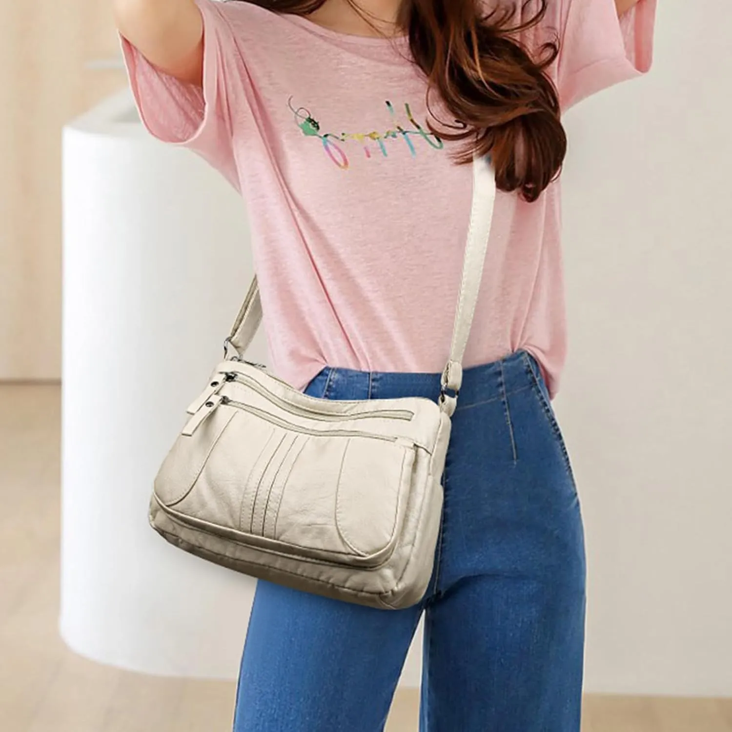 Women's Crossbody Bag Lightweight Shoulder Handbag Soft Washed Leather Purse Adjustable Strap