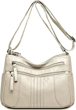 Women's Crossbody Bag Lightweight Shoulder Handbag Soft Washed Leather Purse Adjustable Strap
