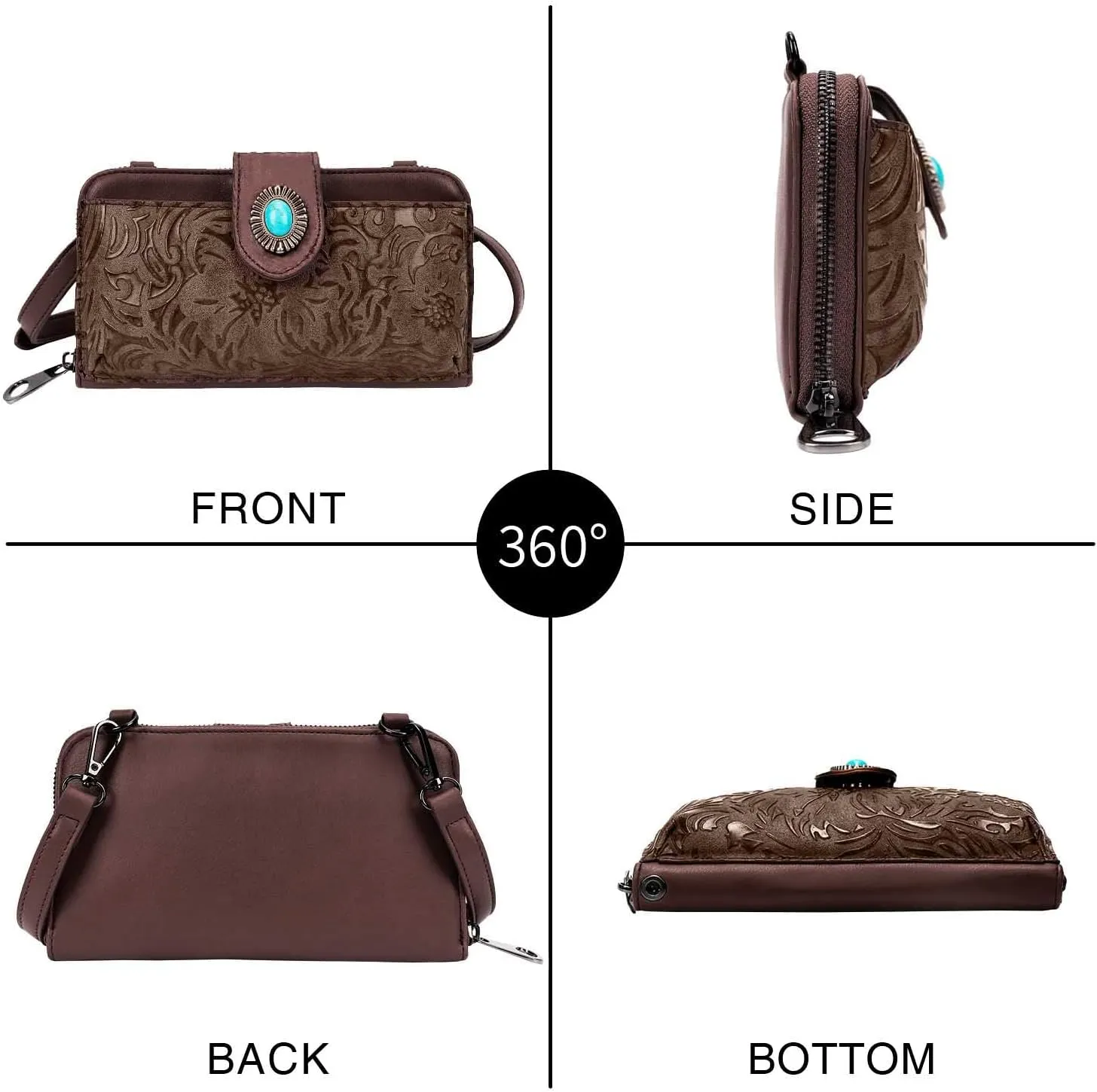 Women's Crossbody Handbag Small Vintage, Ladies Wallet Western Adjustable Phone Purse Clutch Turquoise Concho Embossed