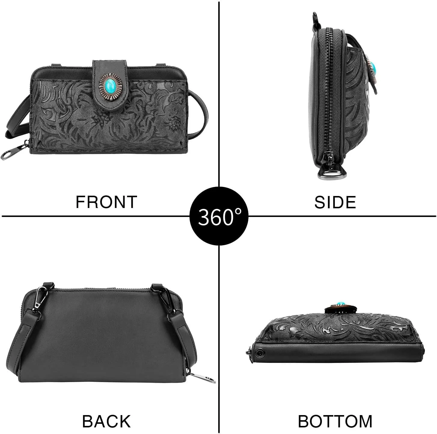 Women's Crossbody Handbag Small Vintage, Ladies Wallet Western Adjustable Phone Purse Clutch Turquoise Concho Embossed