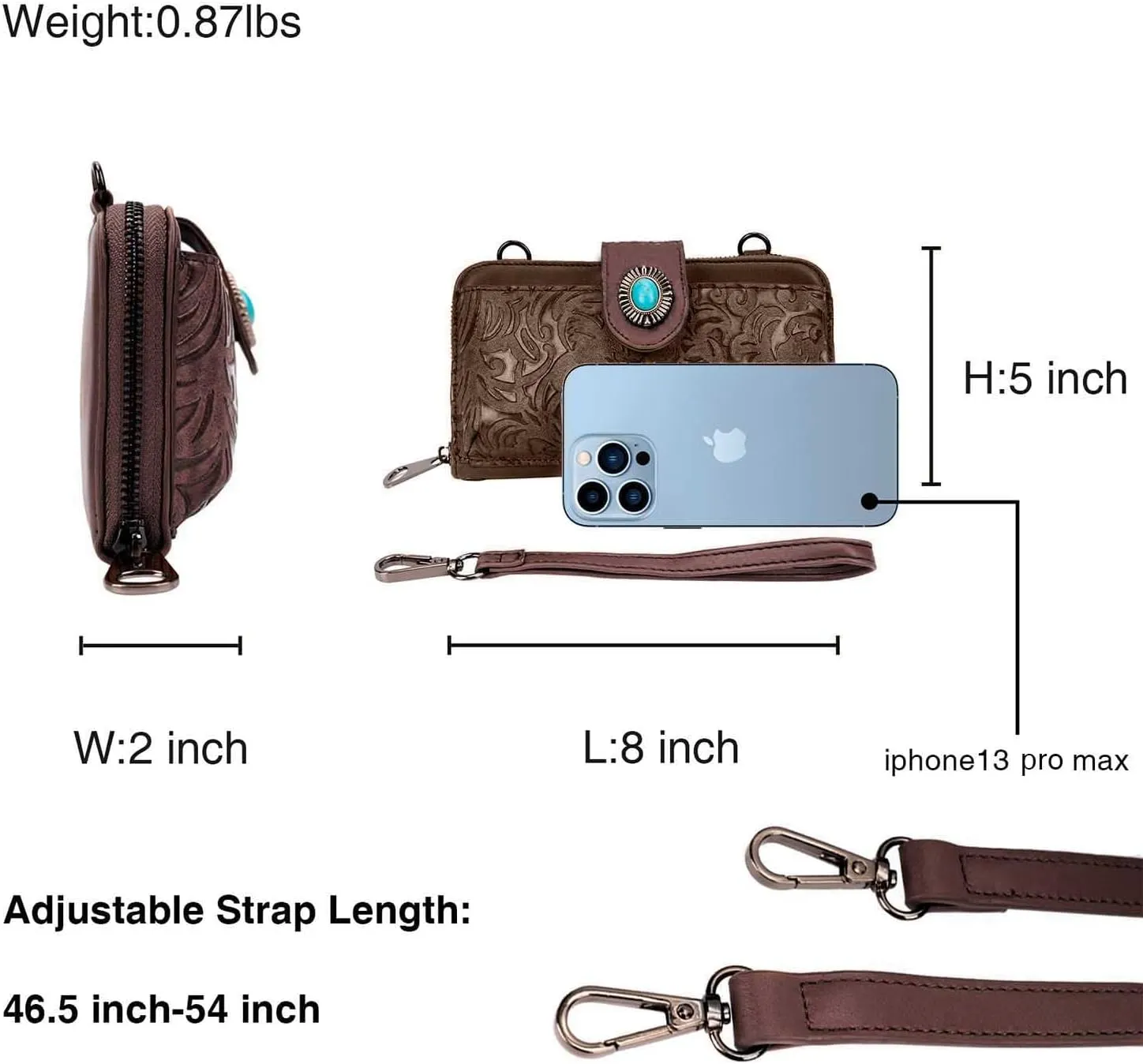 Women's Crossbody Handbag Small Vintage, Ladies Wallet Western Adjustable Phone Purse Clutch Turquoise Concho Embossed