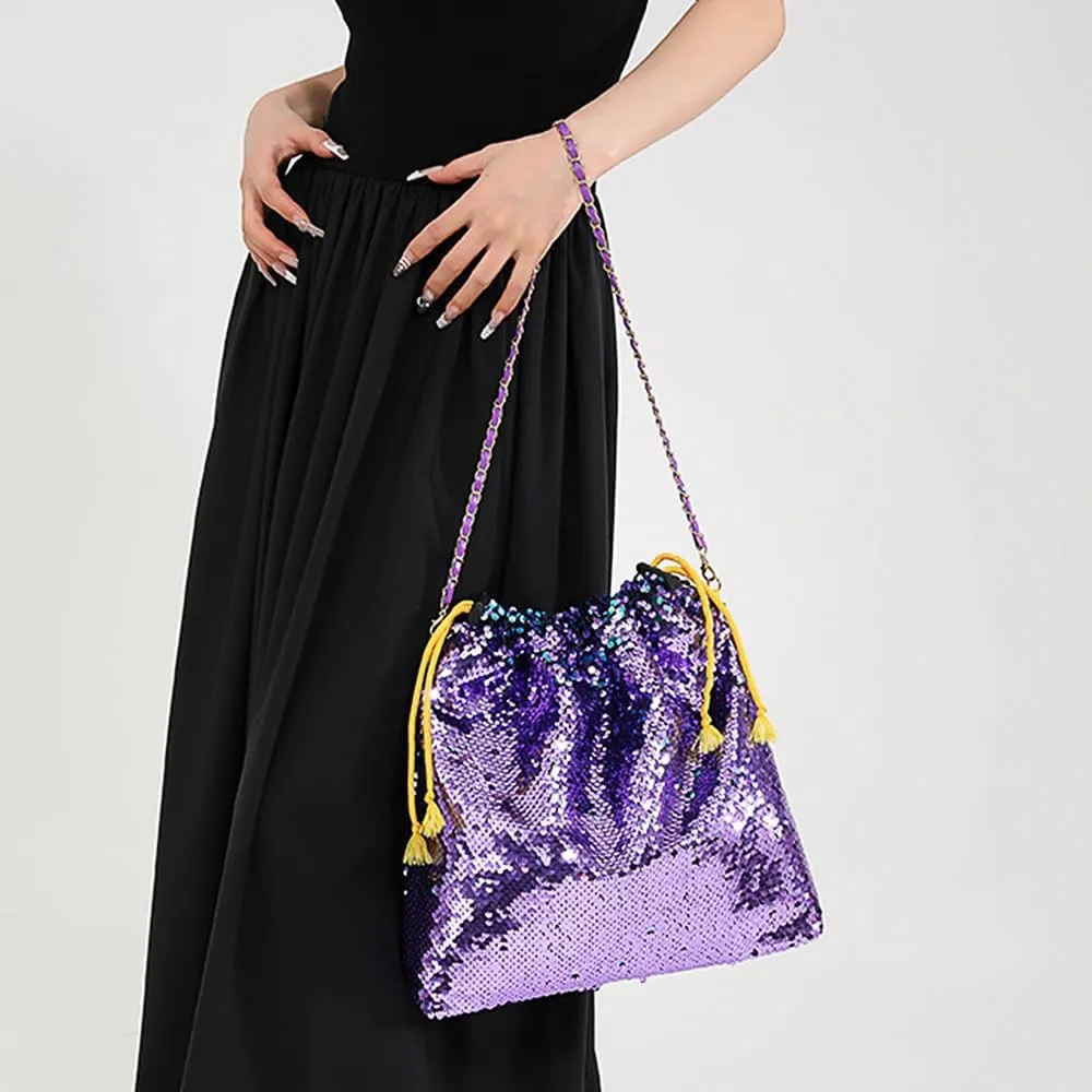 Womens Dazzling Clutch Handbag Purse Delicate Reversible Sequin Drawstring Shoulder Bag Large Capacity Tote Bag