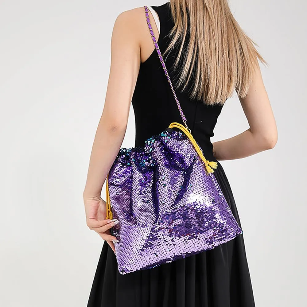 Womens Dazzling Clutch Handbag Purse Delicate Reversible Sequin Drawstring Shoulder Bag Large Capacity Tote Bag