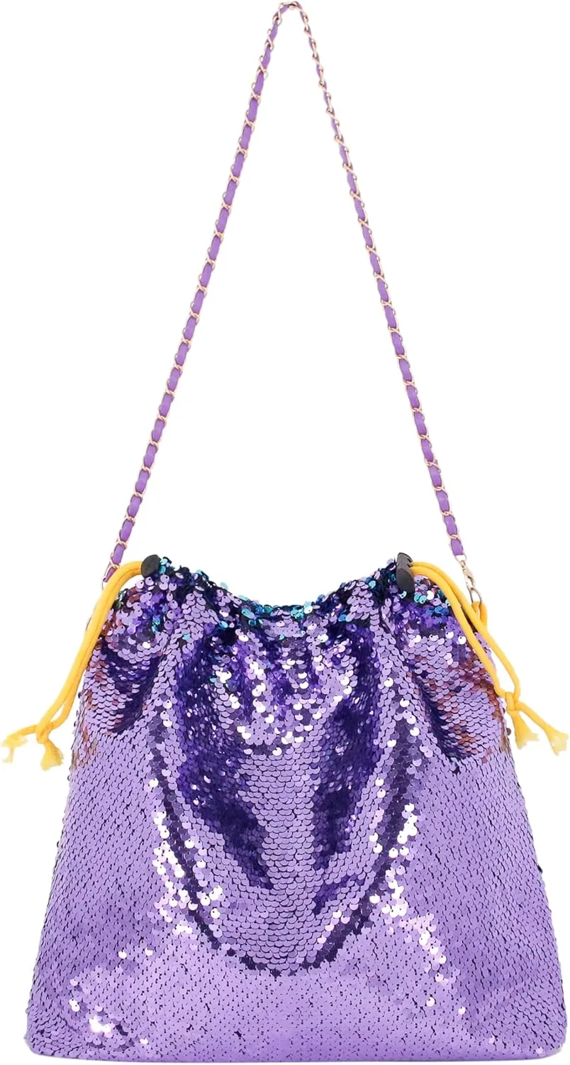 Womens Dazzling Clutch Handbag Purse Delicate Reversible Sequin Drawstring Shoulder Bag Large Capacity Tote Bag
