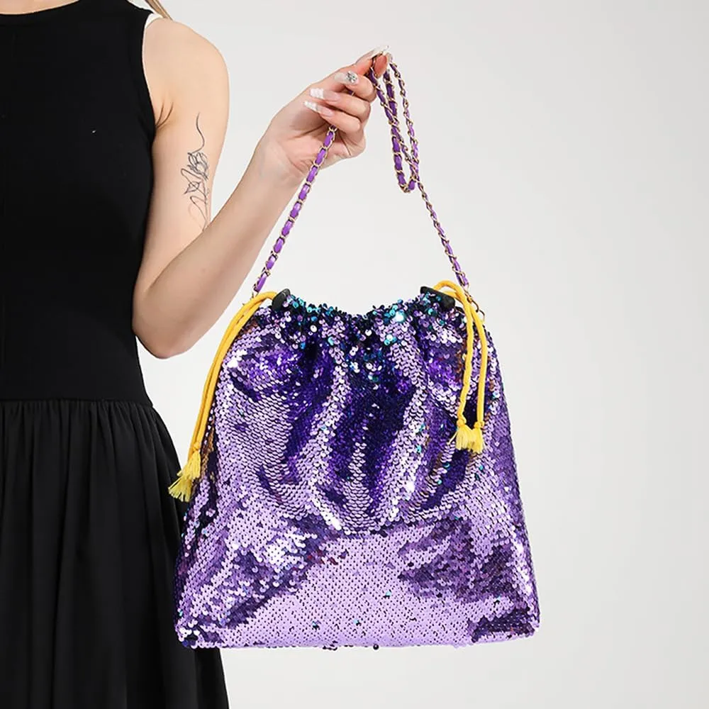 Womens Dazzling Clutch Handbag Purse Delicate Reversible Sequin Drawstring Shoulder Bag Large Capacity Tote Bag