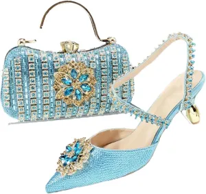 Women’S Dazzling Thin Heel Pumps and Clutch Set with Crystal Details for Festive Elegance