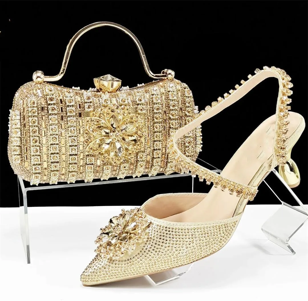 Women’S Dazzling Thin Heel Pumps and Clutch Set with Crystal Details for Festive Elegance