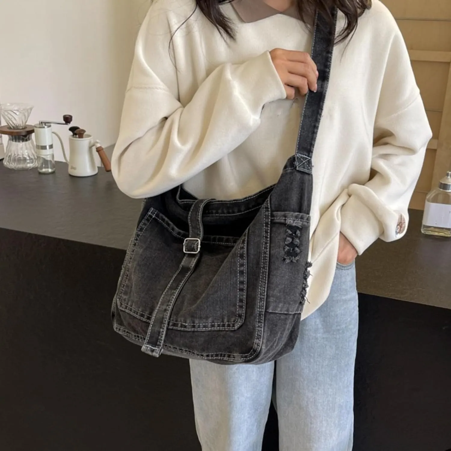 Womens Denim Shoulder Purses and Handbags, Casual Messenger Bag Tote Crossbody Purse Daily Hobo Bag
