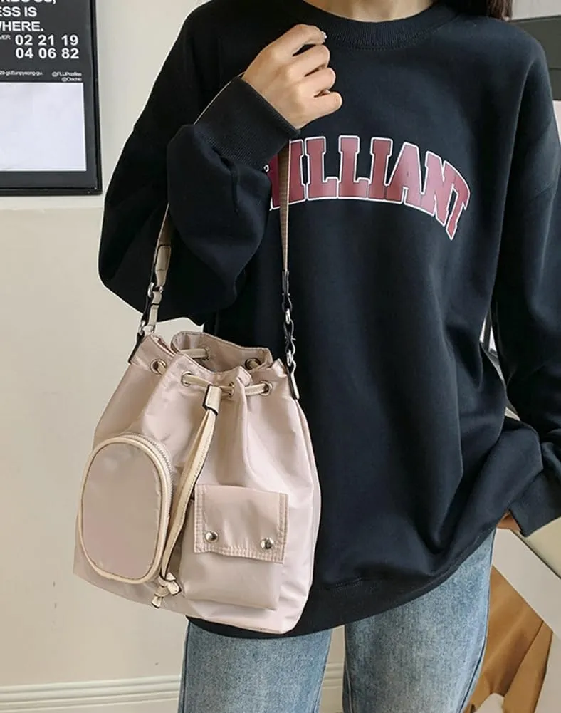 Womens Drawstring Bucket Bag Nylon Crossbody Shoulder Bag Large Tote Purse Handbags Casual Top Handle Satchel